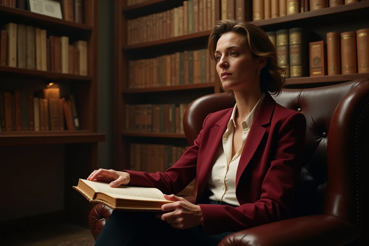 Actrice française réfléchissant à sa carrière dans une salle d'archives cinématographiques à Paris entourée de bobines de films
