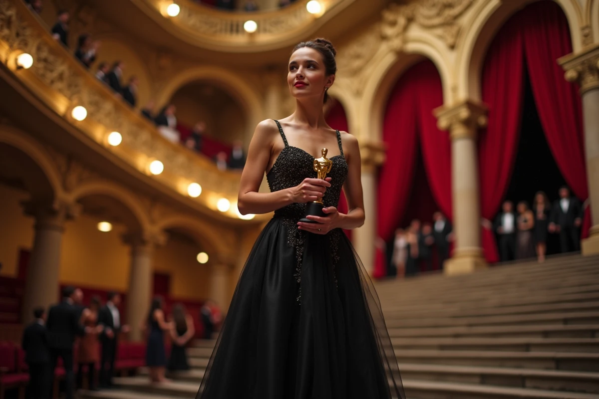 Actrice française tenant un César lors d'une cérémonie de remise de prix dans un théâtre parisien élégant