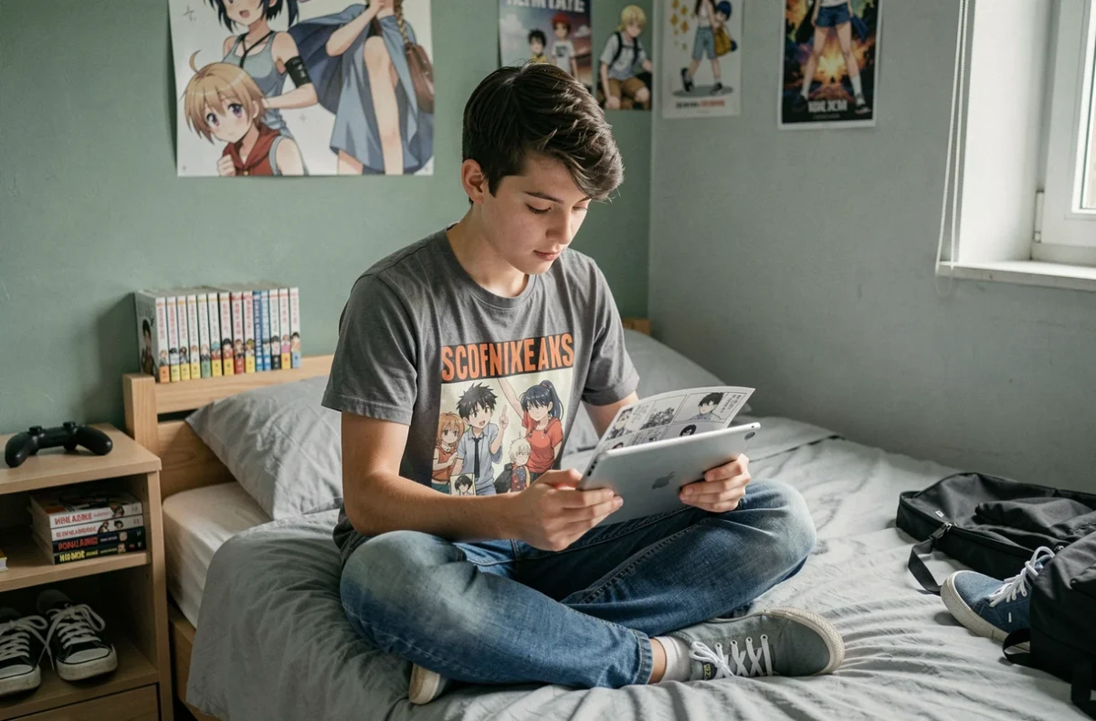 Adolescent français lisant des scans de manga sur tablette dans sa chambre, représentant le public des sites comme Phoenix Scans et son impact sur les ventes officielles