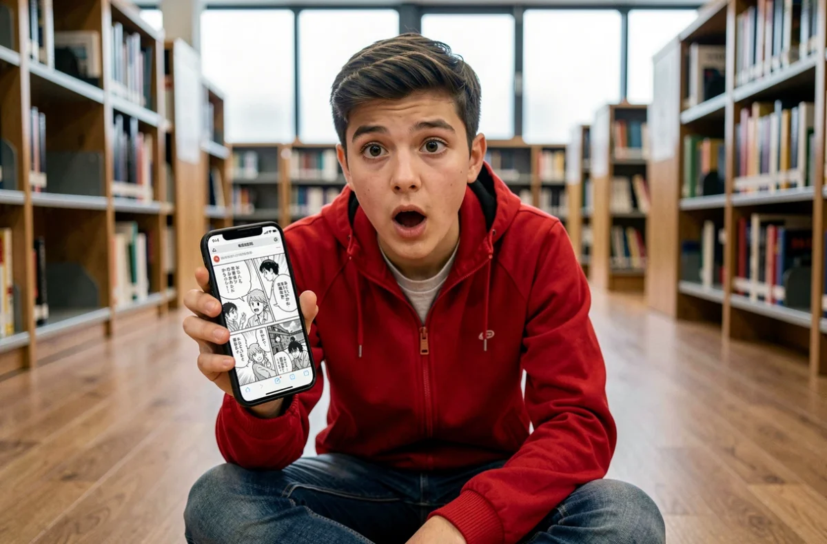Adolescent lisant un scan de One Piece en version française sur smartphone dans une bibliothèque