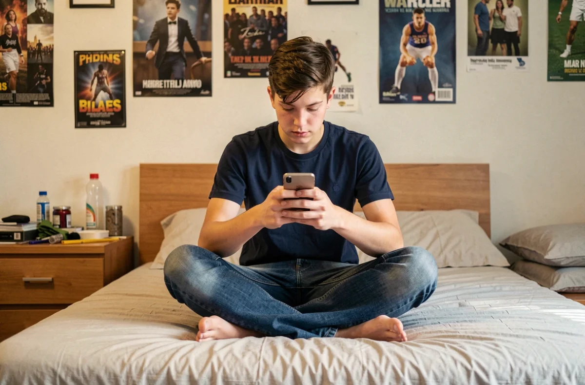 Adolescent utilisant un tchat sur smartphone dans sa chambre, représentant l'accès mobile aux plateformes de chat comme NRJ