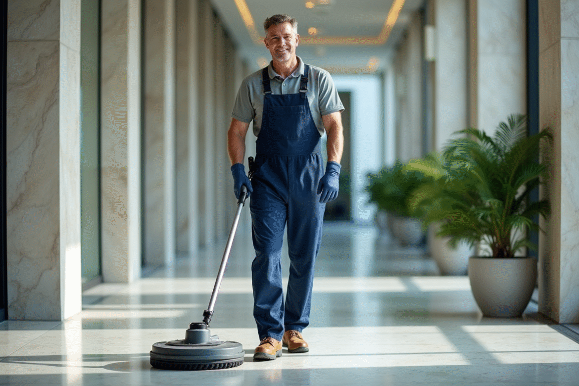 Homme nettoyeur en tenue de travail utilisant un balai industriel dans un hall moderne