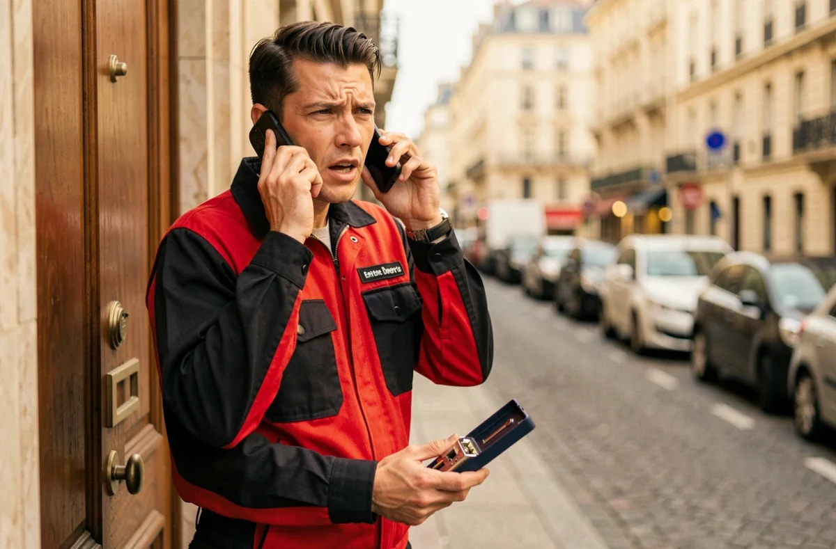 Serrurier Allo Serrure répondant à un appel d'urgence devant une porte d'entrée