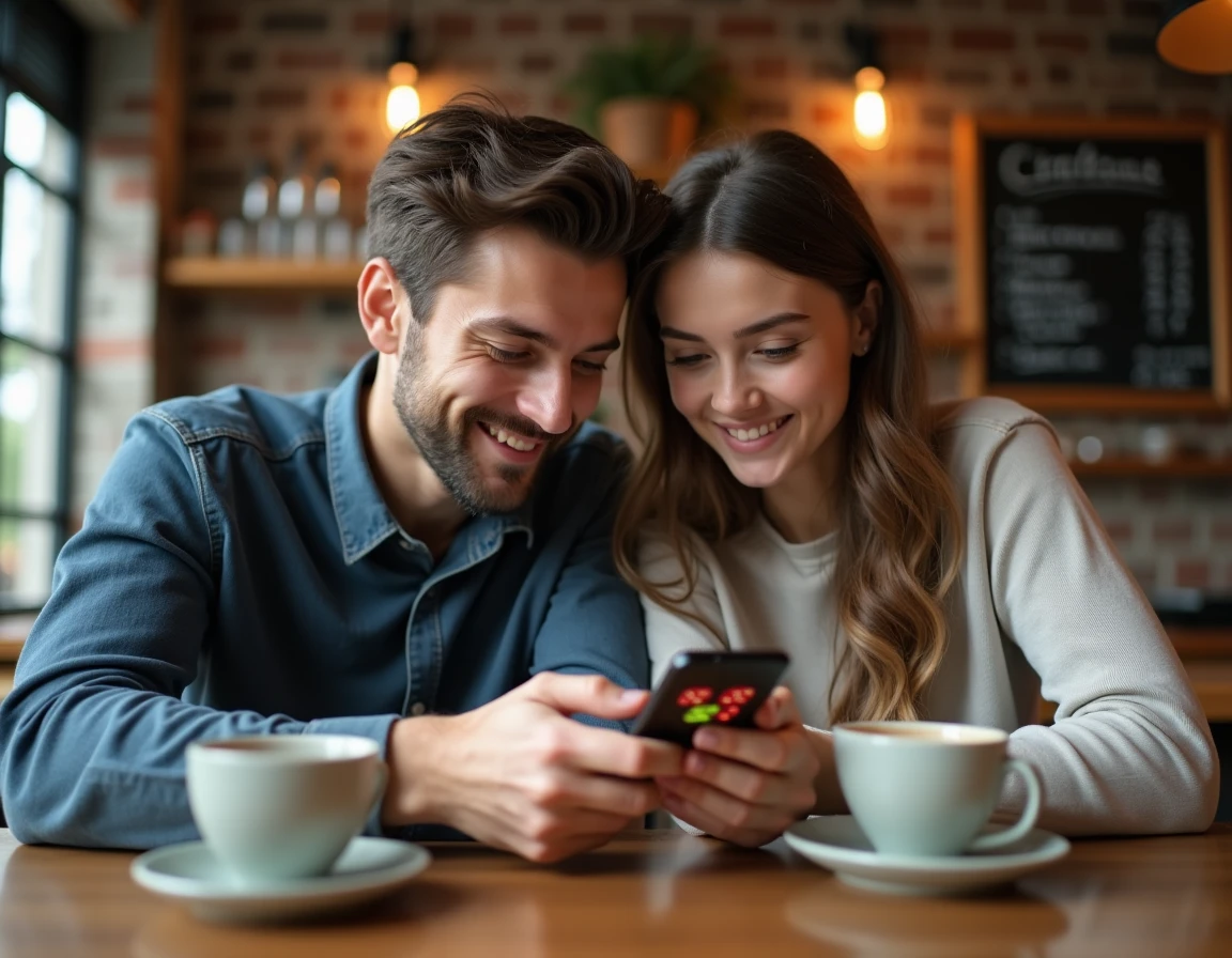 Deux amis dans un café consultant ensemble un smartphone pour optimiser leur stratégie sur Monopoly GO et obtenir des dés gratuits lors des rushs