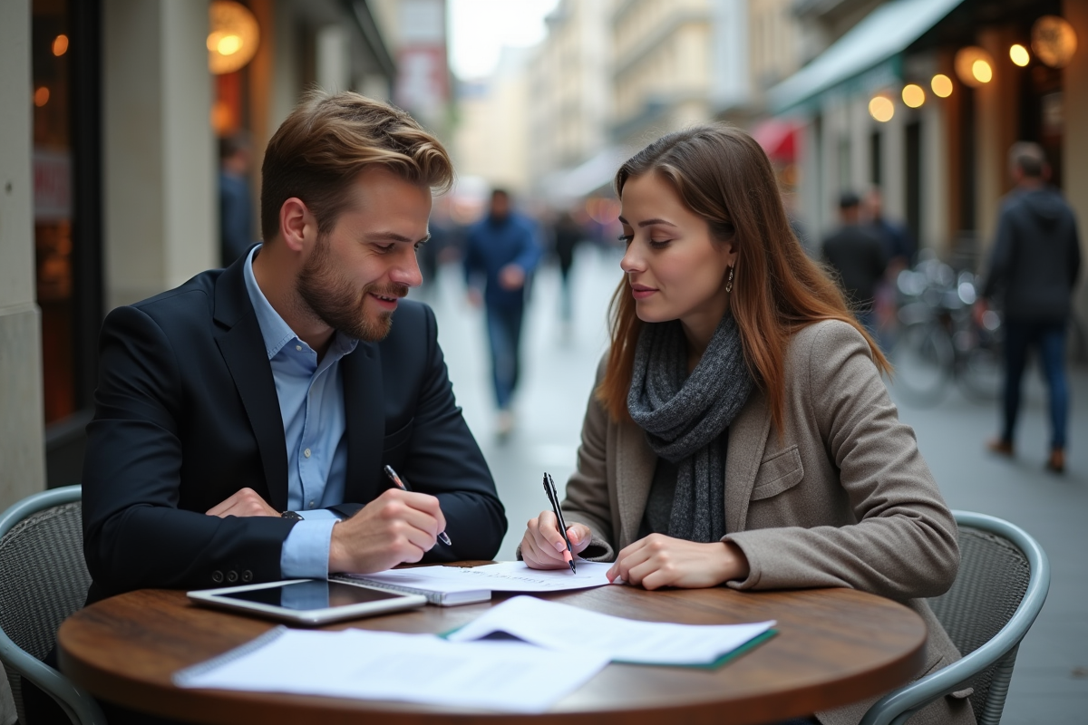 Amis discutant de finances à la terrasse d