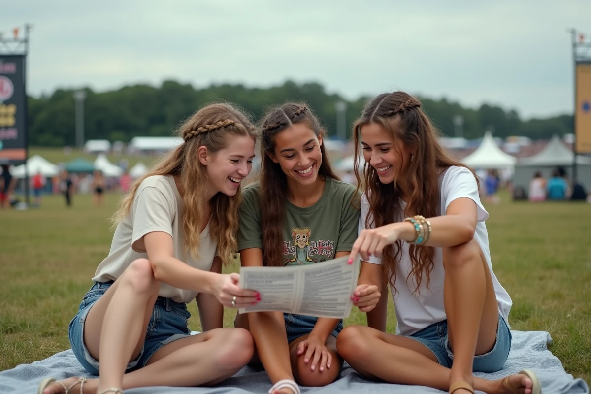 Groupe d'amis consultant le programme du festival des Vieilles Charrues assis sur une couverture dans le camping, ambiance conviviale et estivale