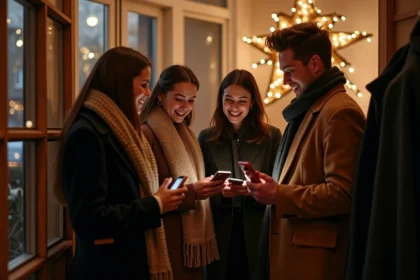 Groupe d'amis en soirée d'hiver élégante riant avec leurs téléphones