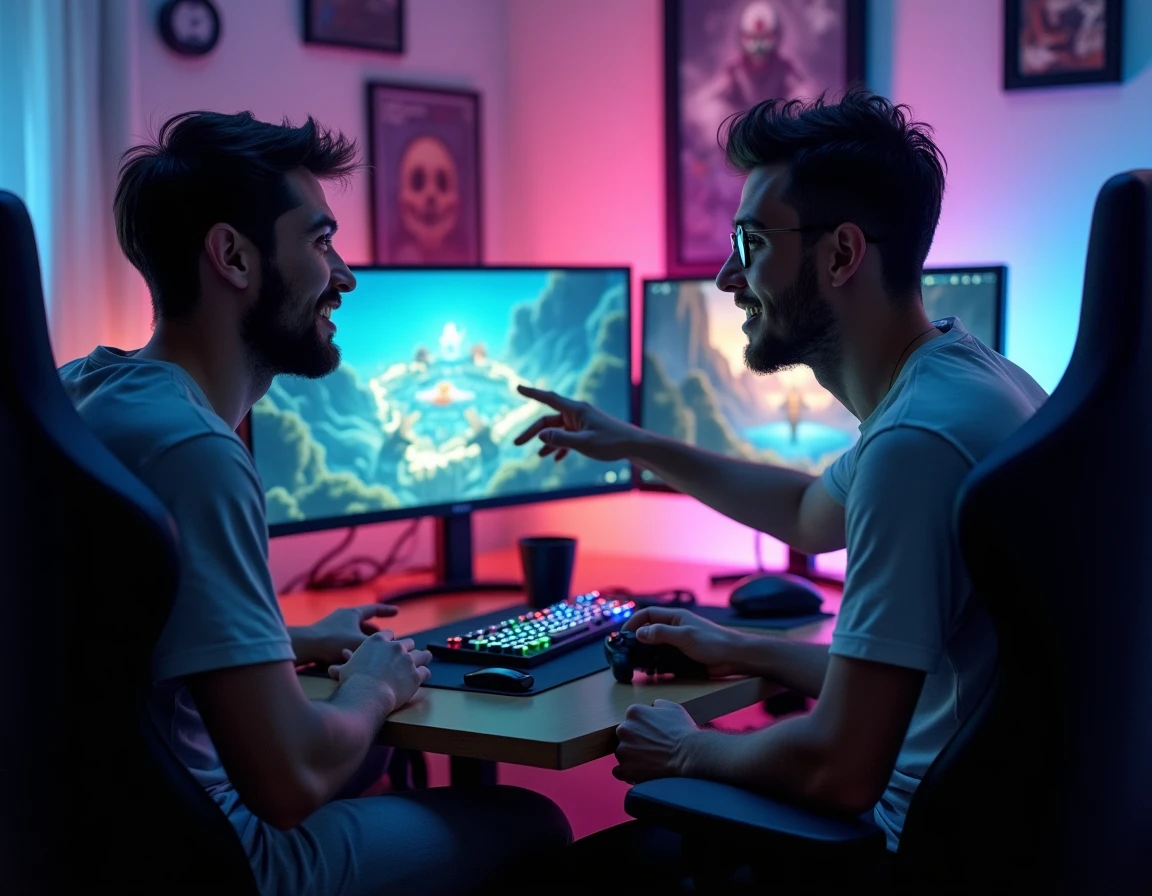Deux amis gamers discutant ensemble d'une stratégie de leveling sur Dofus devant un écran affichant une carte de zones de jeu MMORPG