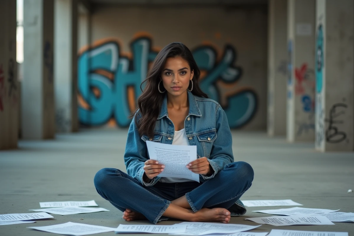 Femme analysant des paroles de rap imprimées dans un espace de répétition urbain aux murs de béton