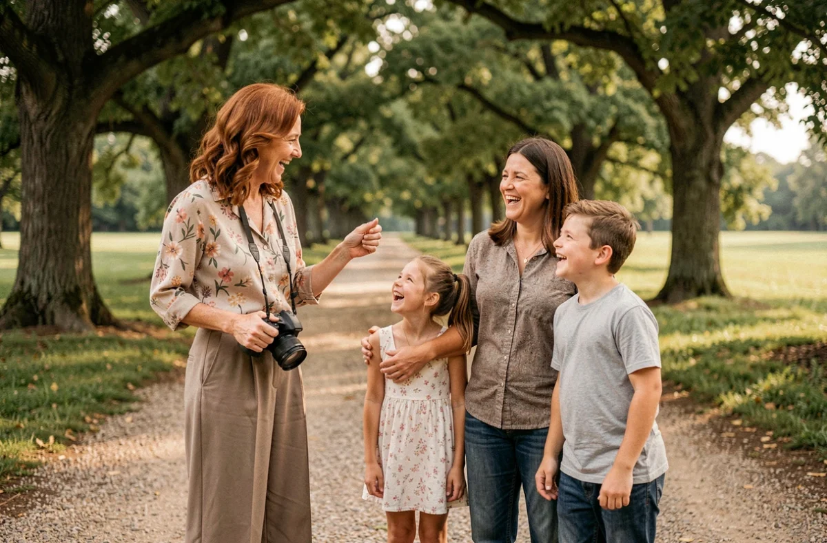 Photographe féminine en interaction chaleureuse avec une famille lors d'une séance en plein air dans un parc de la Marne pour Anne Busi Photographe