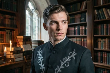 Jeune homme en uniforme académique sombre avec des yeux en amande dans une bibliothèque gothique, évoquant un antagoniste mystérieux d'académie de démons en style anime
