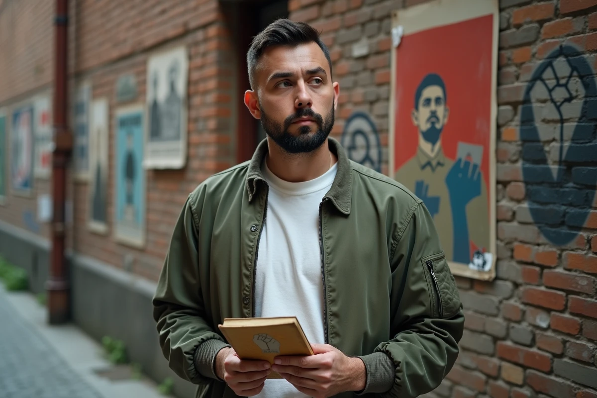 Homme tenant un livre devant un mur couvert de graffitis antifascistes dans une ruelle urbaine européenne
