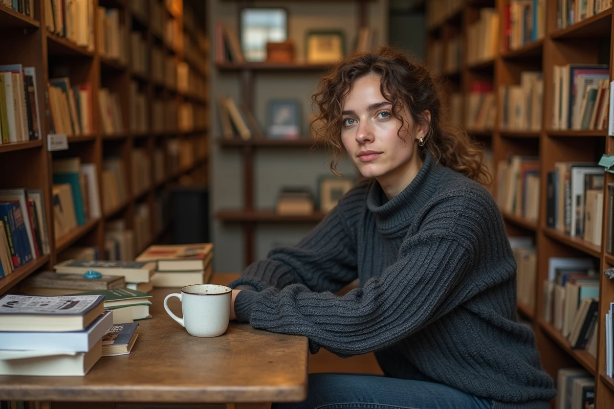 Femme réfléchissant dans une librairie indépendante entourée de livres d'histoire et de pensée politique antifasciste