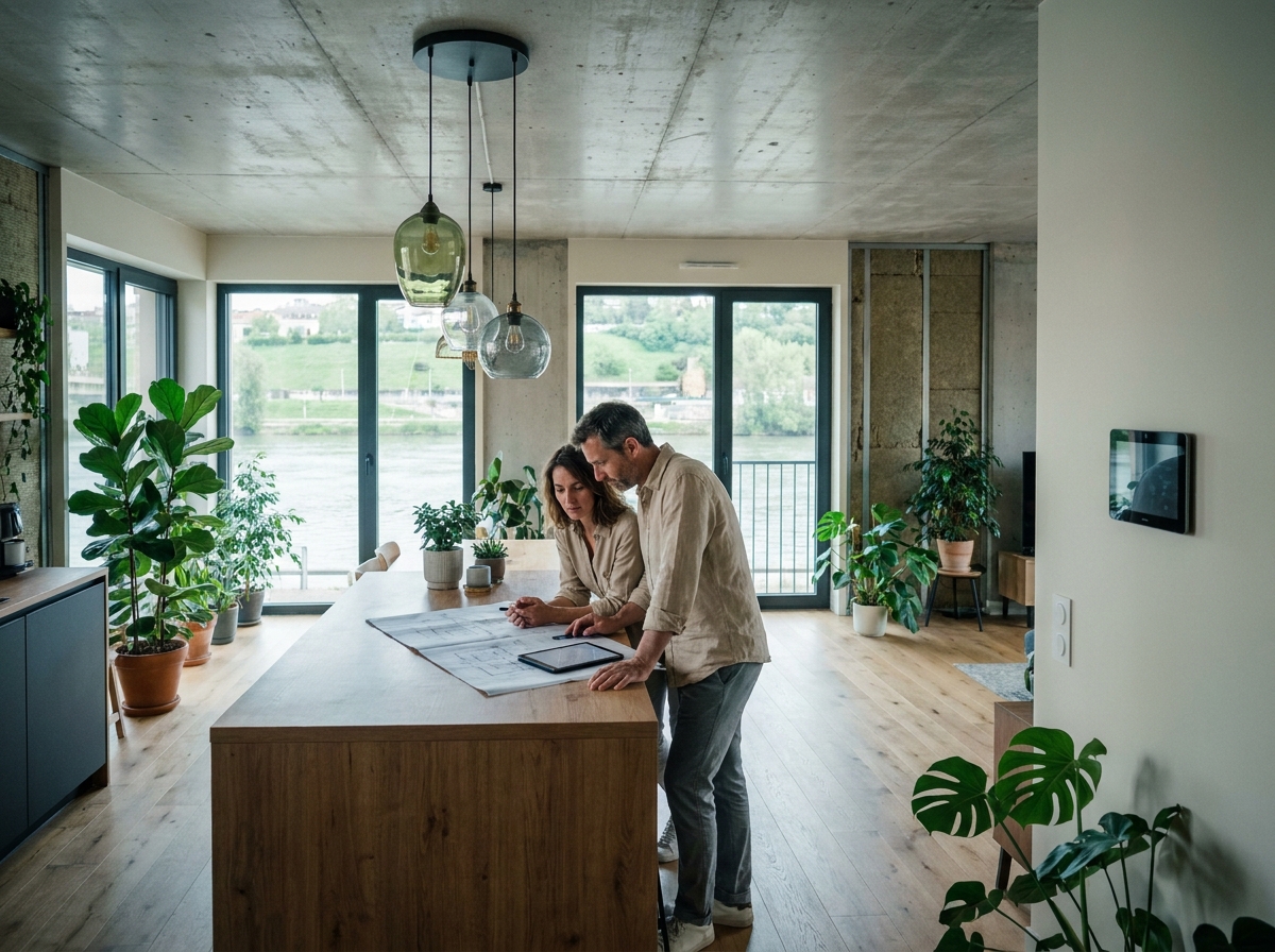 Intérieur d'un appartement écologique moderne avec vue sur la Saône dans le quartier Confluence à Lyon