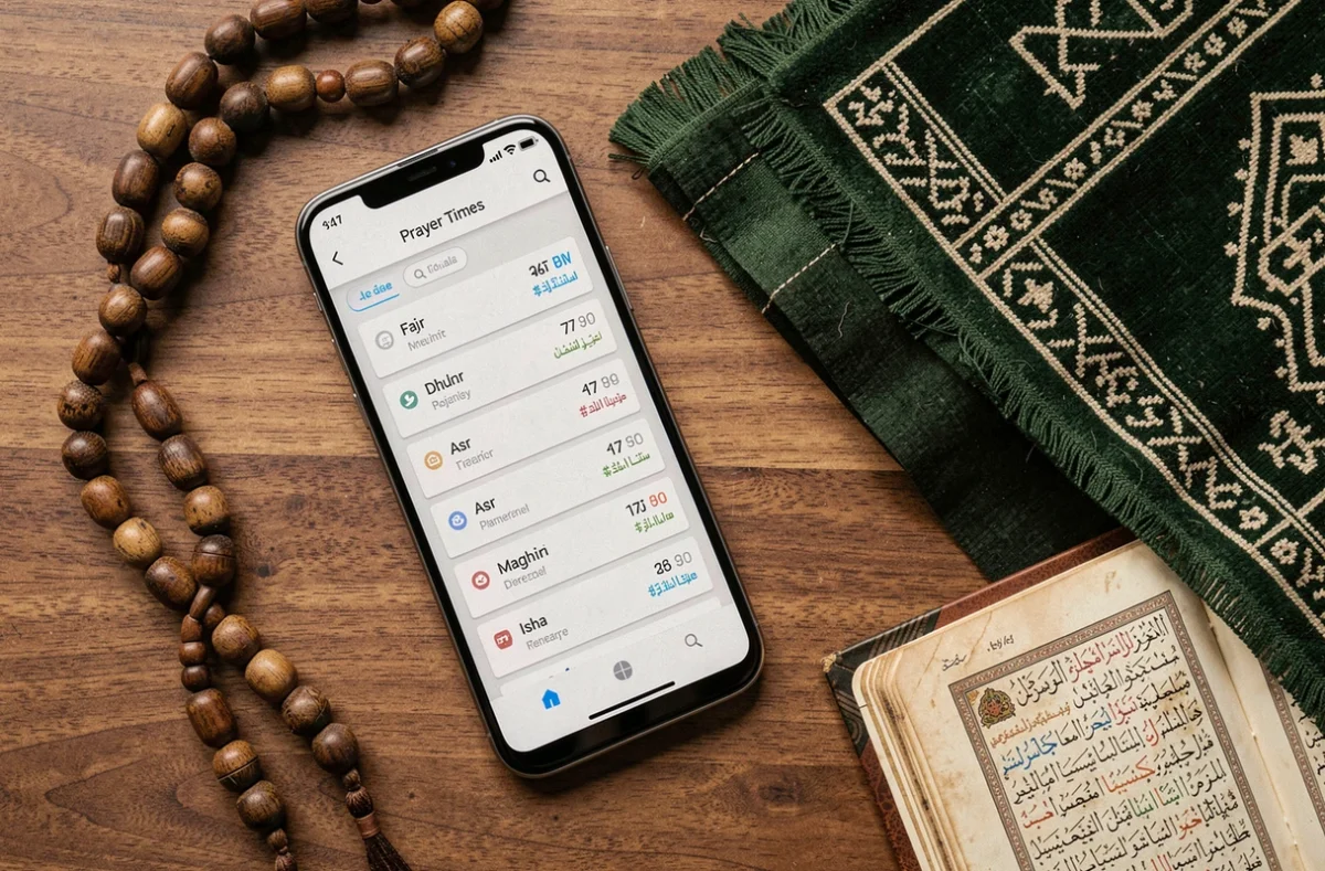 Vue de dessus d'un smartphone affichant une application d'heures de prière islamique avec chapelet et tapis de prière sur une table en bois