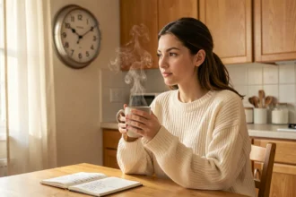 Jeune femme apprenant l'anglais le matin avec une tasse de café et une horloge indiquant 8h AM dans une cuisine chaleureuse