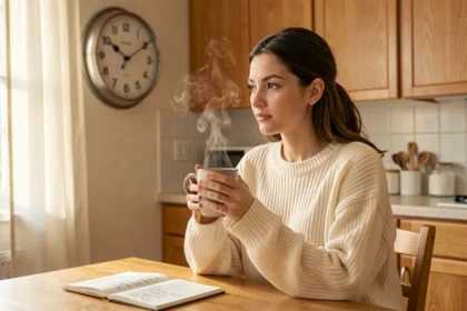 Jeune femme apprenant l'anglais le matin avec une tasse de café et une horloge indiquant 8h AM dans une cuisine chaleureuse