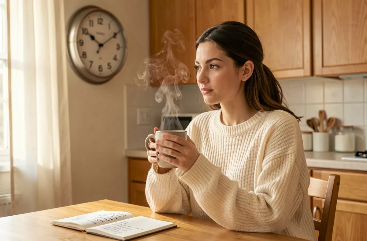 Jeune femme apprenant l'anglais le matin avec une tasse de café et une horloge indiquant 8h AM dans une cuisine chaleureuse