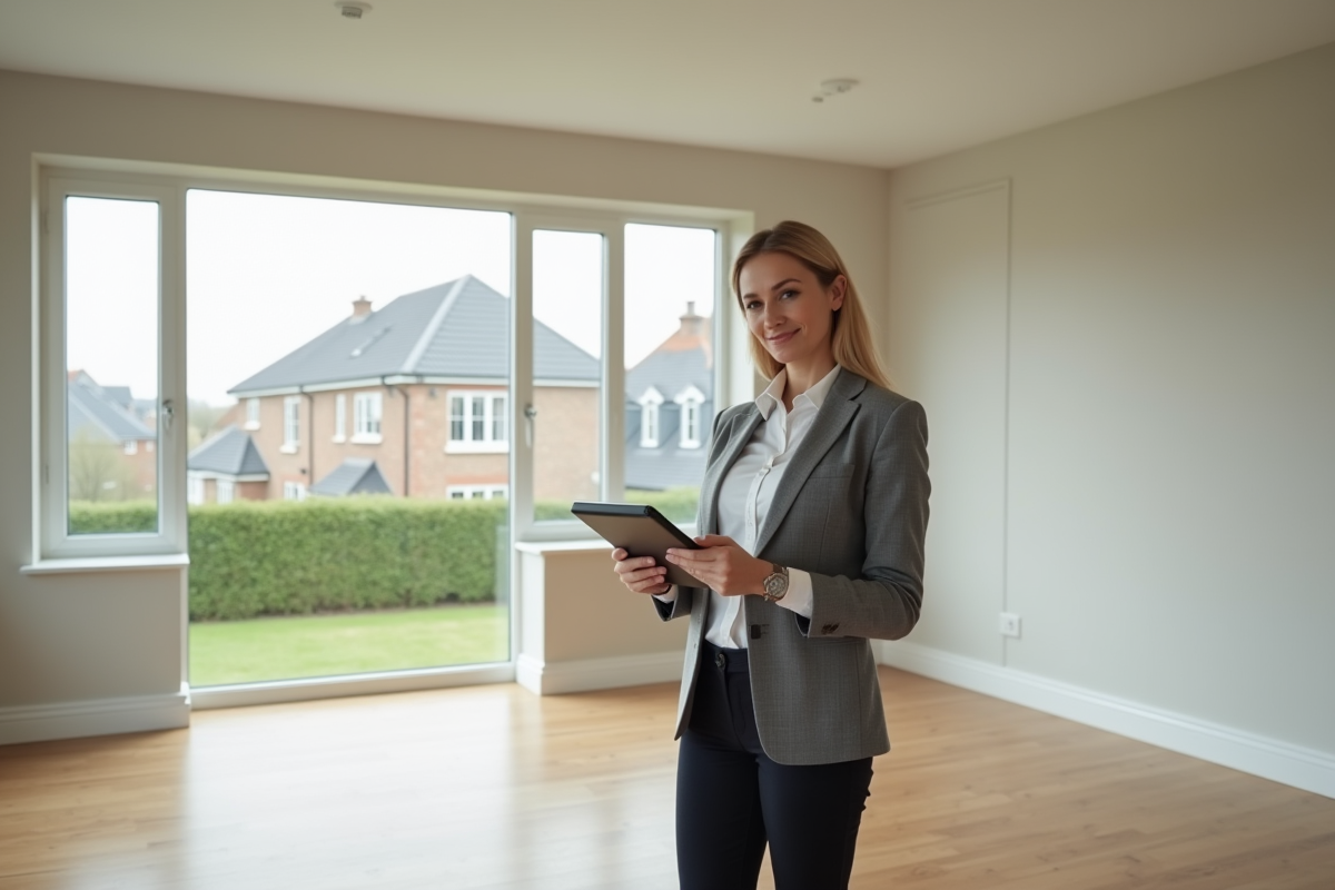 Architecte femme tenant une tablette avec plans de maison