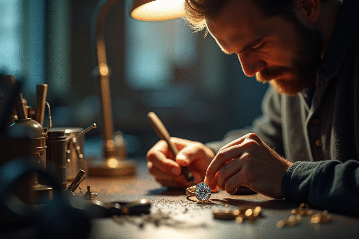 Bijoutier au travail posant une pierre précieuse sur une bague en or