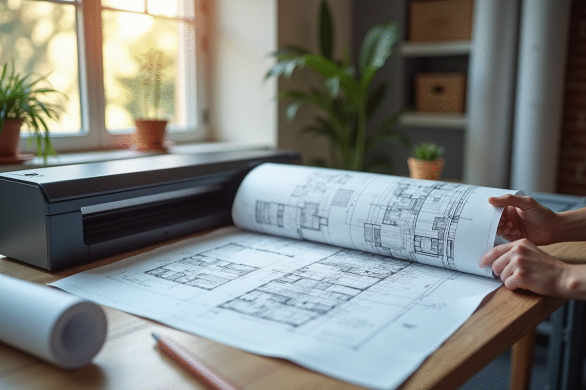 Espace d'architecte avec scanner A0 en action sur un plan