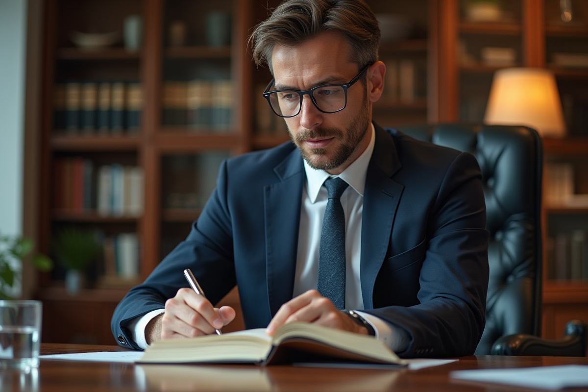 Avocat professionnel analysant un code civil dans un bureau lumineux