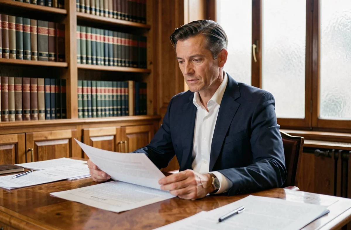 Avocat français examinant des documents juridiques liés aux droits d'auteur dans un cabinet parisien