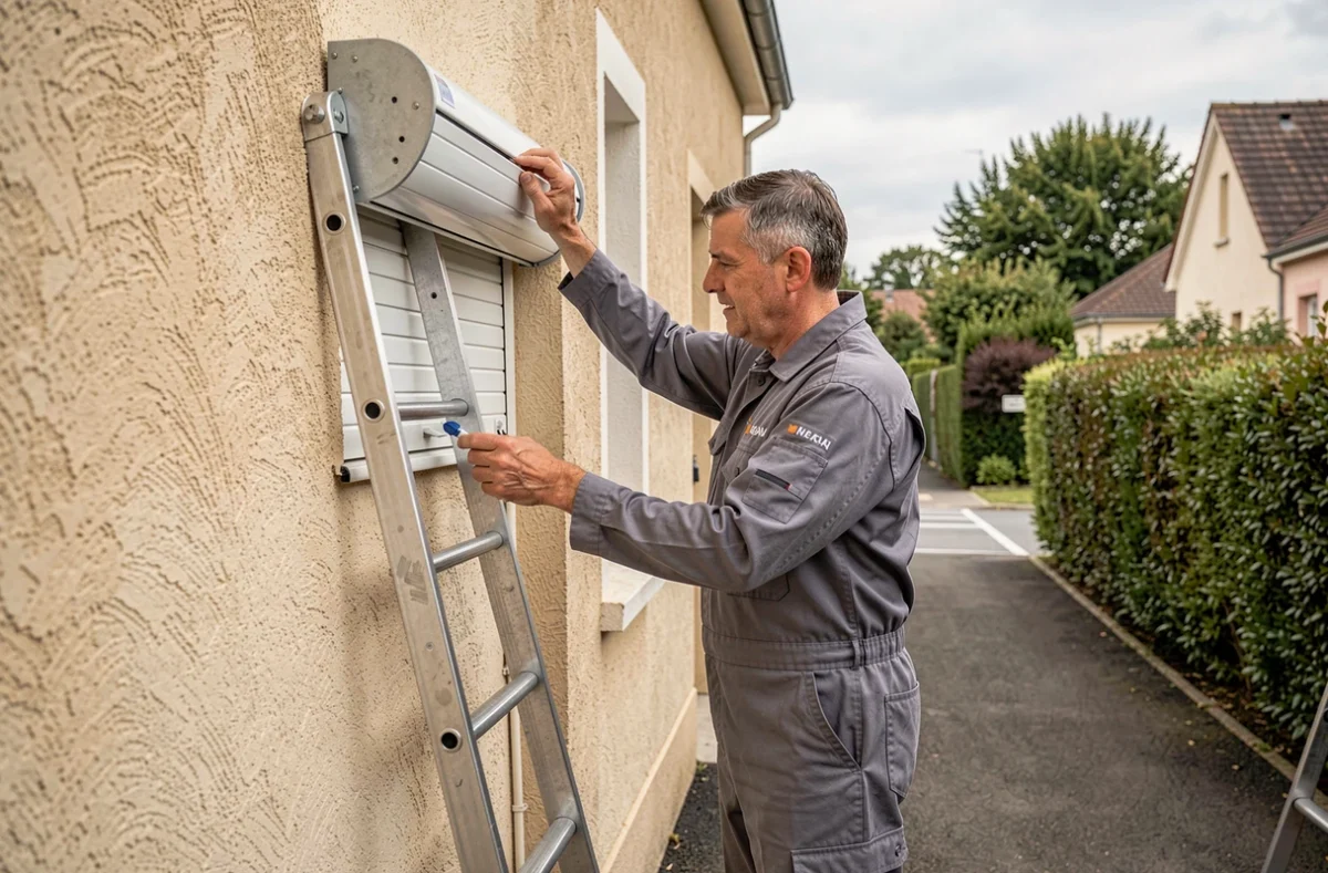 Technicien B.A. Fermetures réglant un mécanisme de volet roulant sur une maison résidentielle