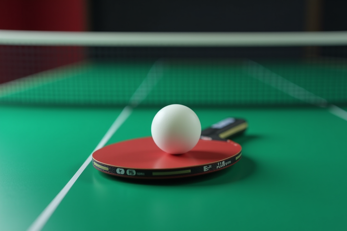 Une balle de pingpong 5 étoiles sur une raquette professionnelle