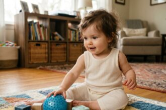 Bébé fille de un an jouant sur tapis coloré