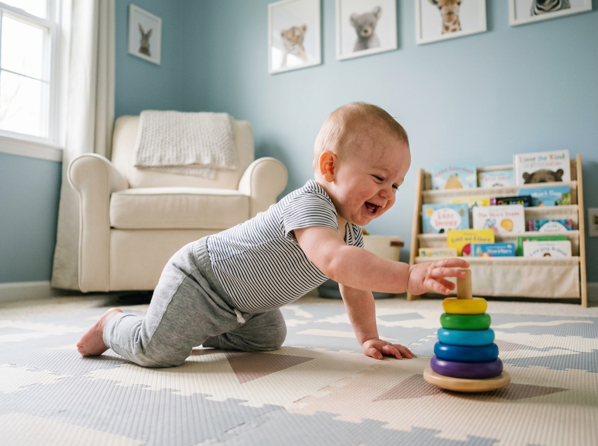 Bébé garçon de 10 mois rampe vers jouet d