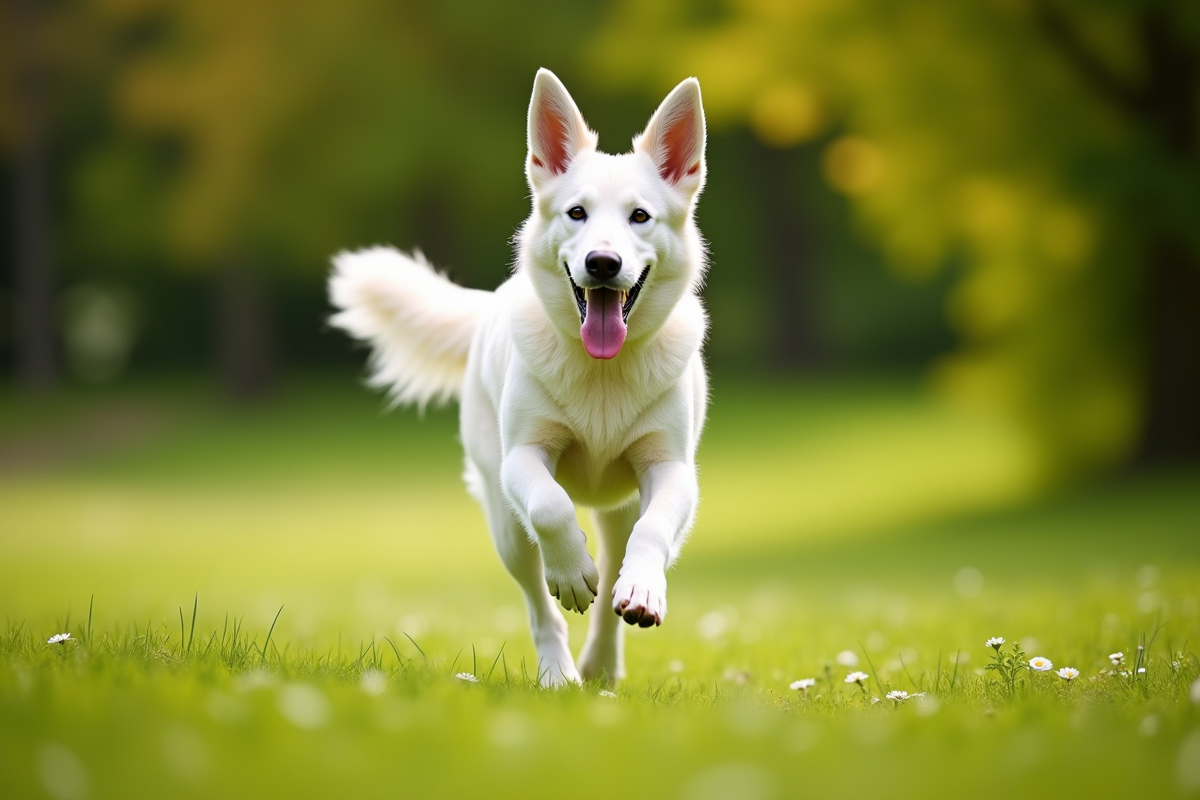 Chien berger blanc belge courant dans un parc ensoleille