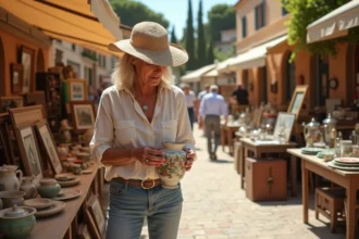 Femme examinant une poterie ancienne sur un marché brocante en plein air dans un village des Alpes-Maritimes