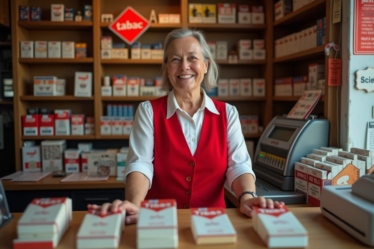 Buraliste française en uniforme rouge derrière le comptoir d'un bureau de tabac traditionnel