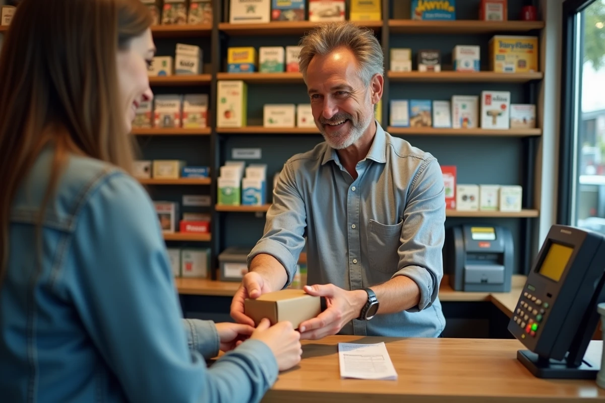 Buraliste remettant un colis à une cliente au comptoir d'un bureau de tabac avec services postaux