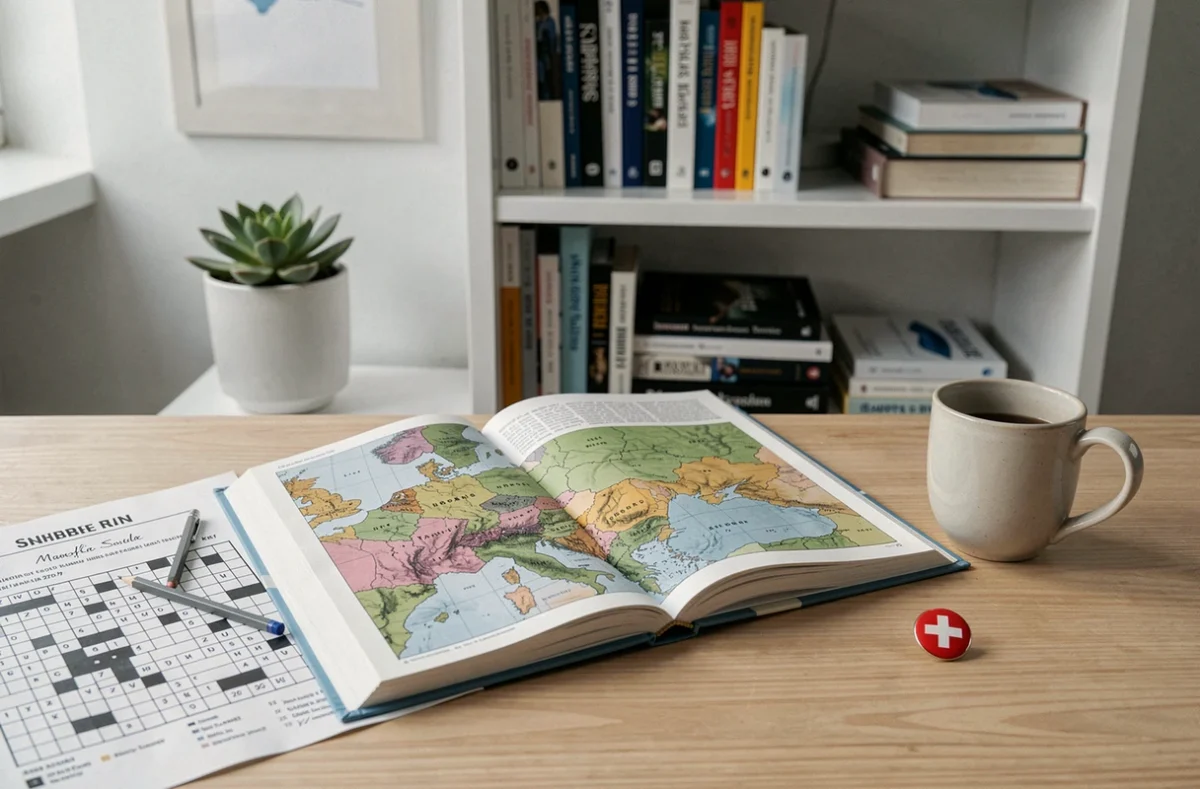 Bureau organisé avec carte géographique des 26 cantons suisses, grille de mots fléchés annotée et petit drapeau suisse