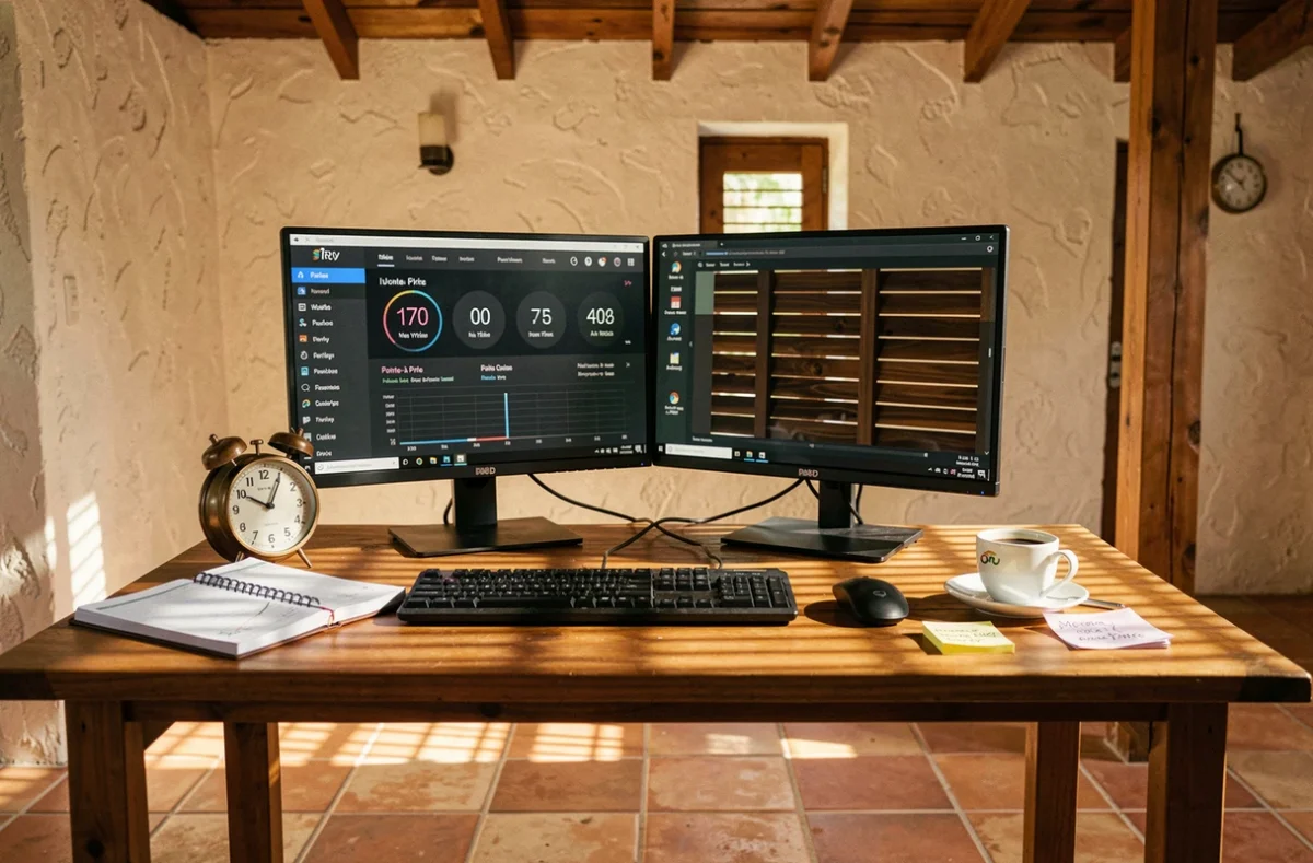 Bureau de télétravail en Guadeloupe avec deux écrans affichant les heures de Paris et Pointe-à-Pitre pour gérer le décalage horaire avec la métropole