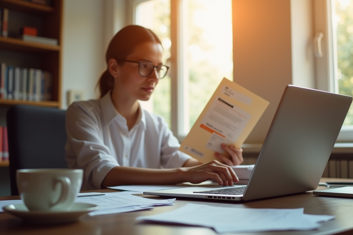 Professionnel vérifiant un colis avec un ordinateur dans un bureau lumineux