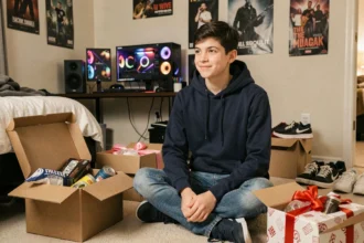 Adolescent de 17 ans entouré de cadeaux ratés ne correspondant pas à ses goûts, assis dans sa chambre