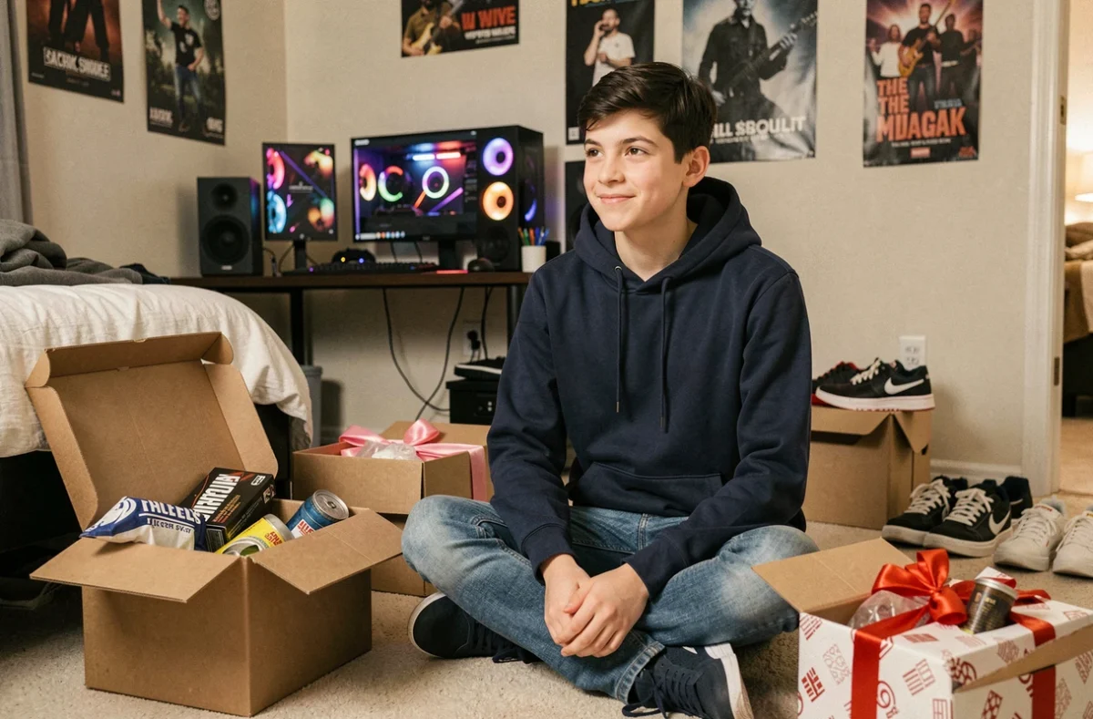 Adolescent de 17 ans entouré de cadeaux ratés ne correspondant pas à ses goûts, assis dans sa chambre
