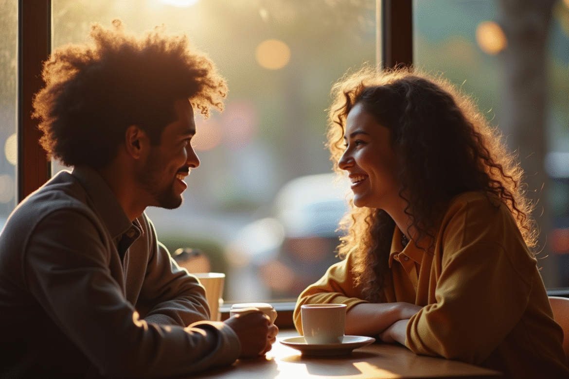 Deux personnes diverses discutant dans un café chaleureux