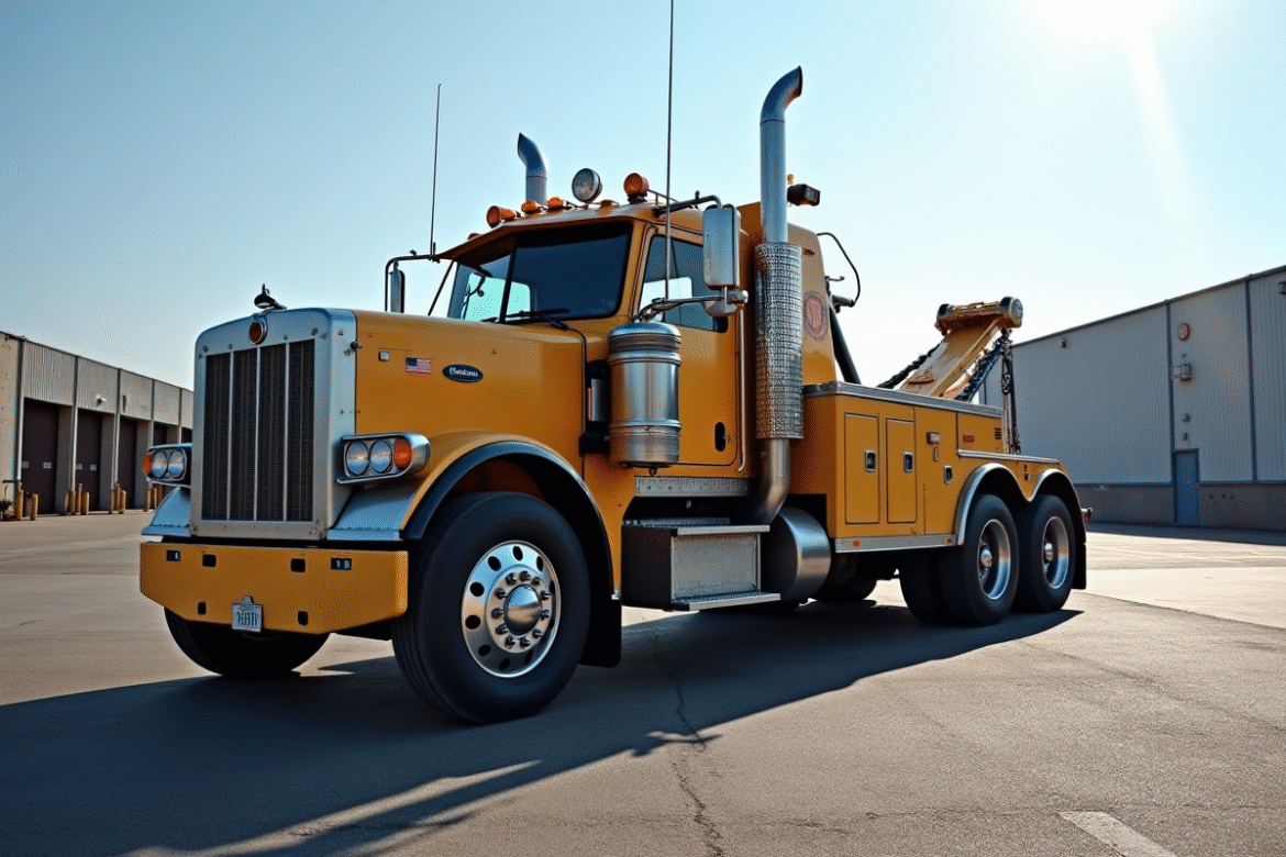 Camion remorque lourd d'occasion en plein jour sur un parking industriel