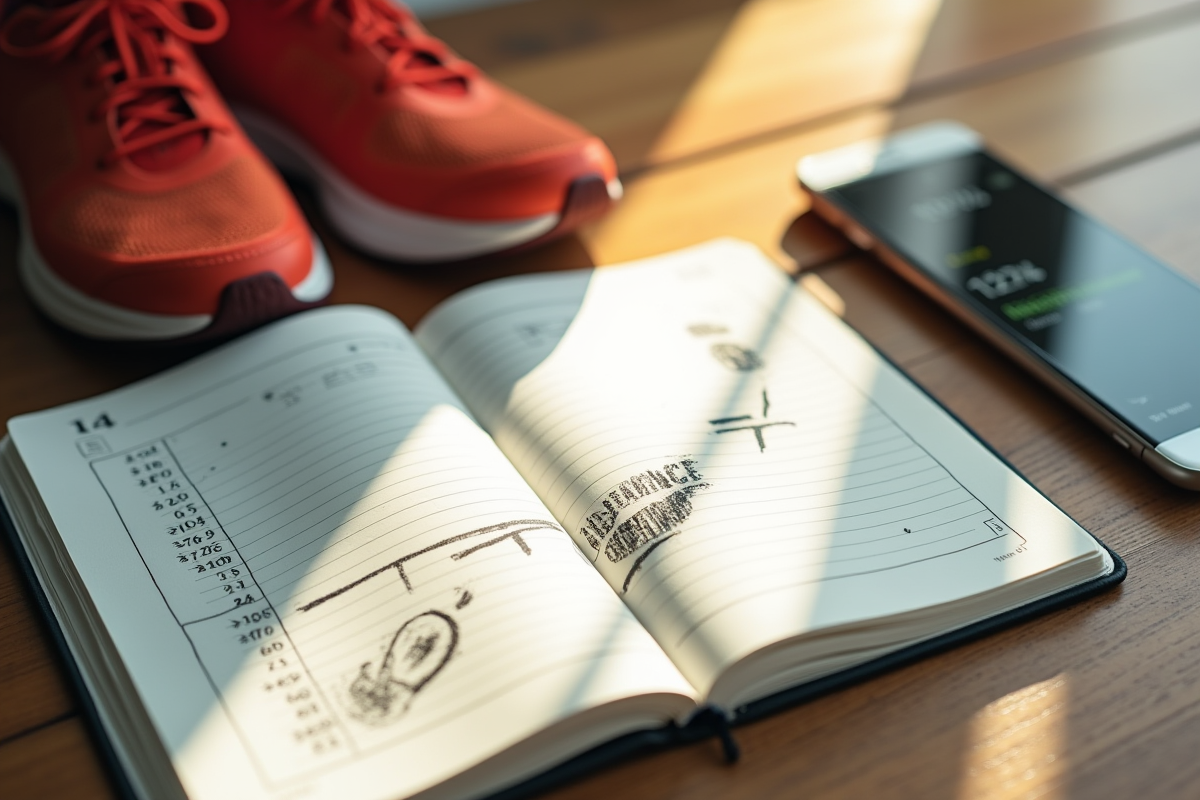 Carnet avec empreintes et chaussures de course à côté du smartphone