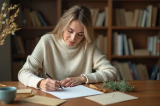 Femme rédigeant une carte de vœux 2026 manuscrite à son bureau en bois entouré de décoration festive