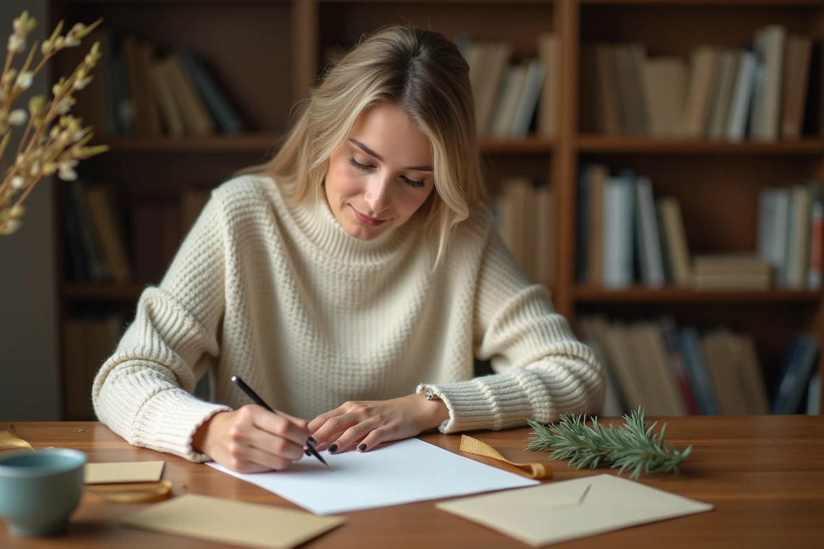 Femme rédigeant une carte de vœux 2026 manuscrite à son bureau en bois entouré de décoration festive