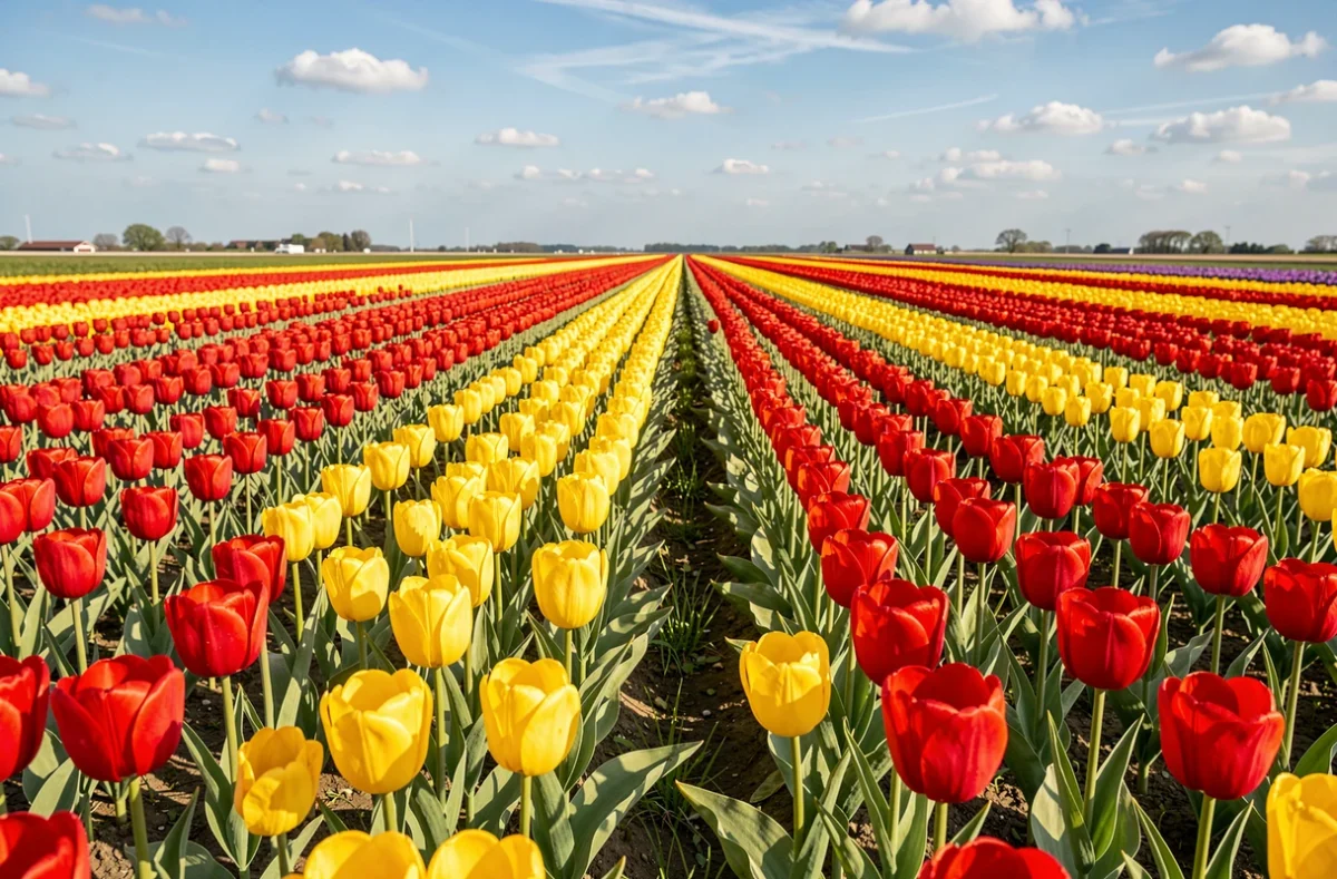 Champ de tulipes rouges et jaunes en fleur au printemps aux Pays-Bas