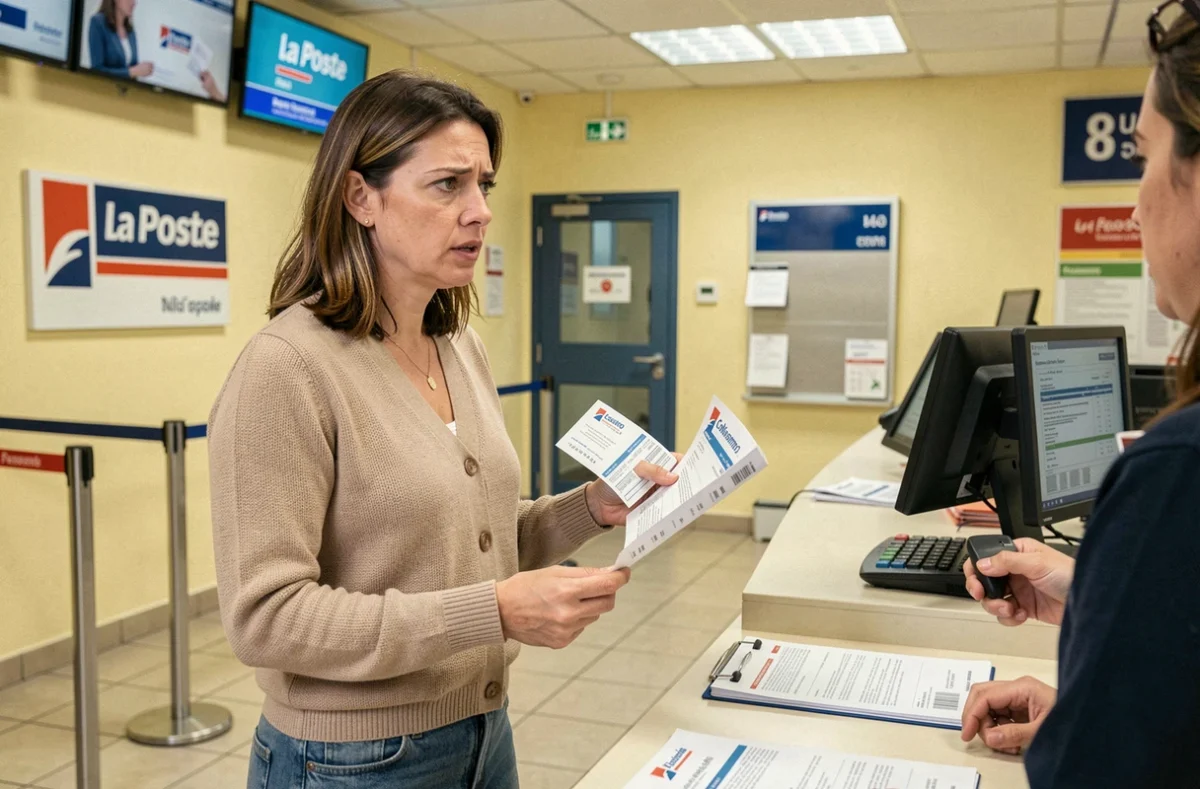 Femme au comptoir d'un bureau de poste changeant le point de retrait de son colis Colissimo