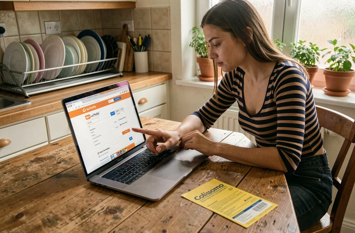 Jeune femme consultant le site La Poste sur son ordinateur pour changer le point de retrait d'un colis Colissimo