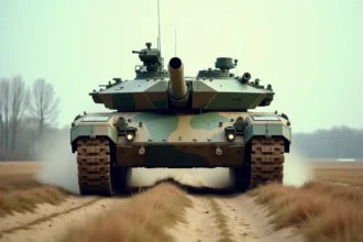 Char Leclerc de l'armée française en manœuvre sur terrain d'entraînement militaire, vue grand angle en contre-plongée