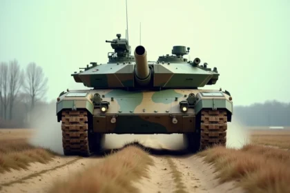 Char Leclerc de l'armée française en manœuvre sur terrain d'entraînement militaire, vue grand angle en contre-plongée
